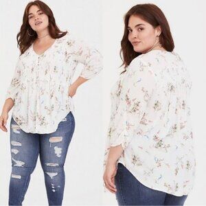 Torrid | "Ivory Floral" Crinkle Gauze Smocked Button Front Top | Size 3X